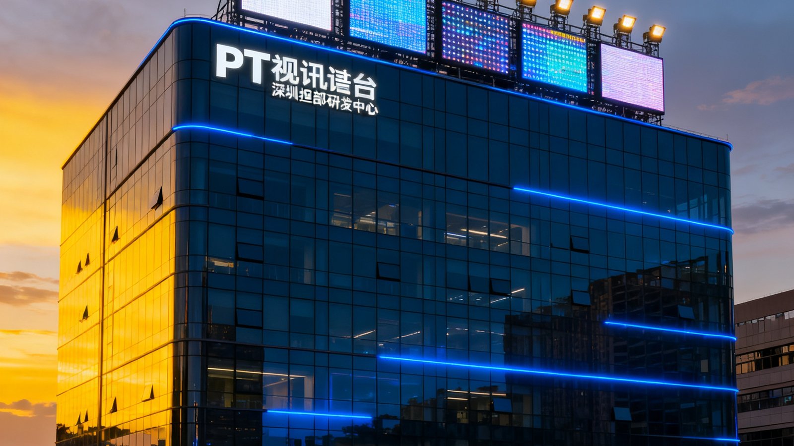 PT视讯平台深圳总部研发中心外景，现代化玻璃幕墙建筑，楼顶设有LED大屏测试阵列，傍晚时分灯光与屏幕交相辉映