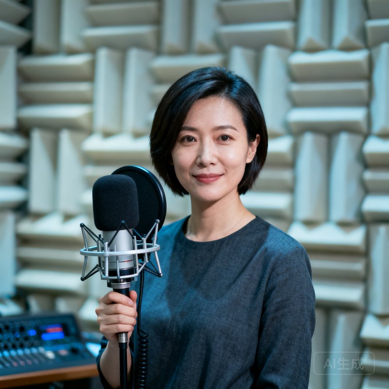 PT视讯平台音频总监李雅文女士半身照，干练短发，手持专业声学测量仪器，身后为消声室